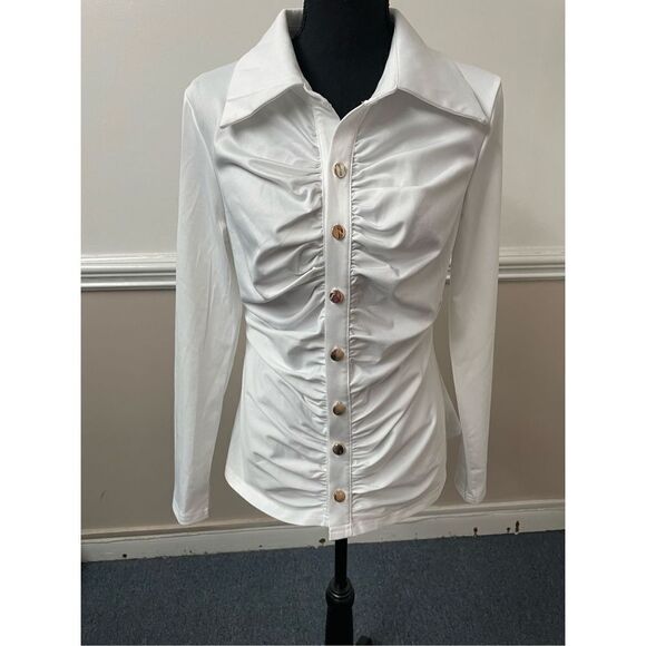 Chicme White V Neck Button Up White Slim Blouse - Picture 1 of 6